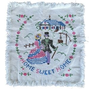Vintage Home Sweet Home Colonial Couple Cross Stitch Embroidery Sampler 11x12